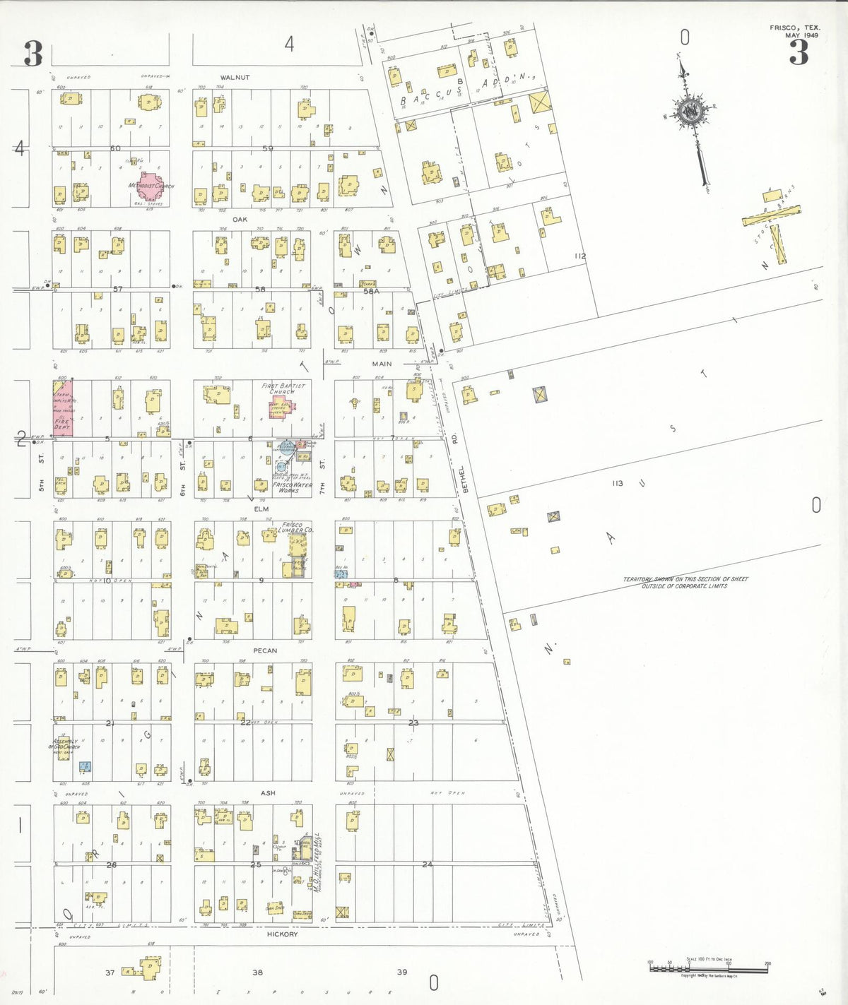 Sanborn Fire Insurance Map from Frisco, Collin County, Texas (1949), Sheet #0003 - Complete Map Set gallery image, historic Sanborn map, vintage wall art, Texas Texas