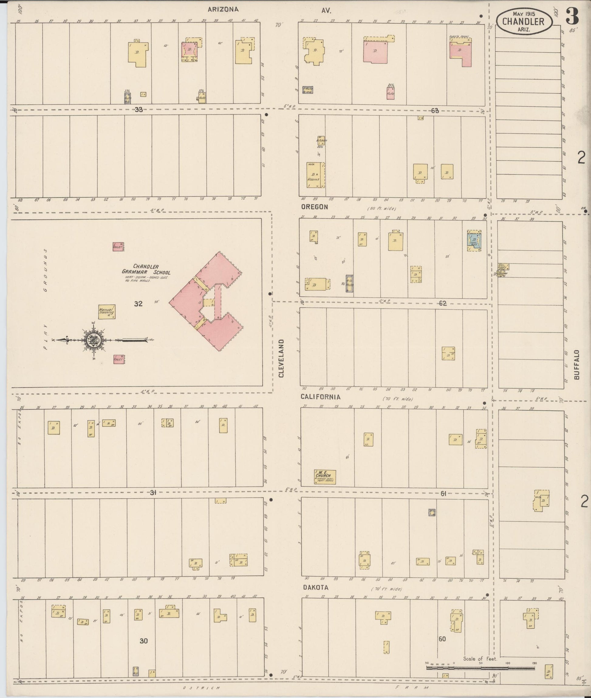 Sanborn Fire Insurance Map from Chandler, Maricopa County, Arizona (1915), Sheet #0003 - Historic Sanborn Fire Insurance Map Print, vintage old map wall art, antique decor, genealogy gift, Arizona Arizona map