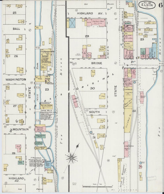 Sanborn Fire Insurance Map from Elgin, Kane County, Illinois (1887), Sheet #0006 - Historic Sanborn Fire Insurance Map Print, vintage old map wall art, antique decor, genealogy gift, Illinois Illinois map