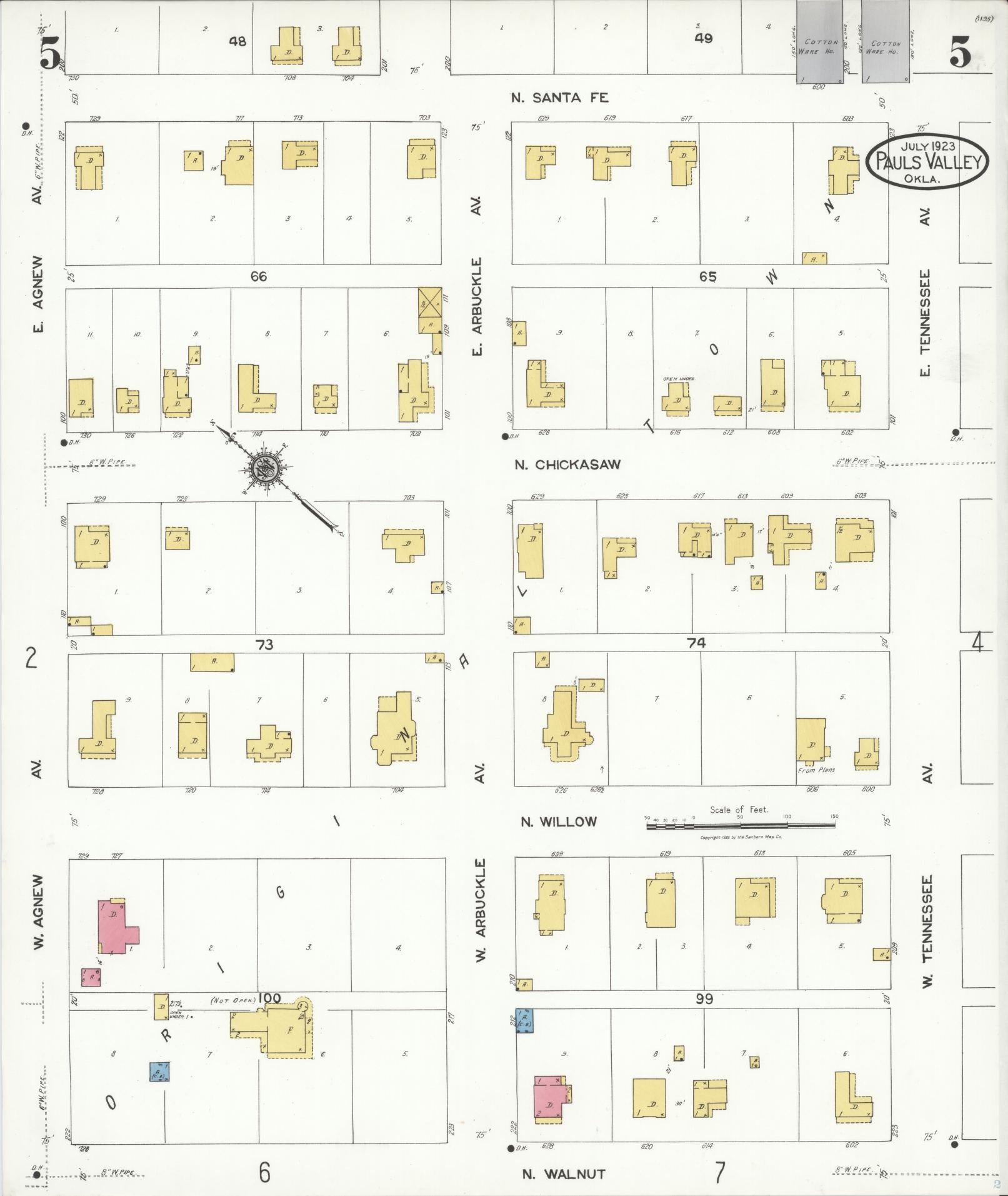 Sanborn Fire Insurance Map from Pauls Valley, Garvin County, Oklahoma (1923), Sheet #0005 - Complete Map Set gallery image, historic Sanborn map, vintage wall art, Oklahoma Oklahoma
