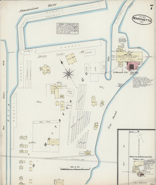 Sanborn Fire Insurance Map from Marinette, Marinette County, Wisconsin (1884), Sheet #0007 - Historic Sanborn Fire Insurance Map Print, vintage old map wall art, antique decor, genealogy gift, Wisconsin Wisconsin map