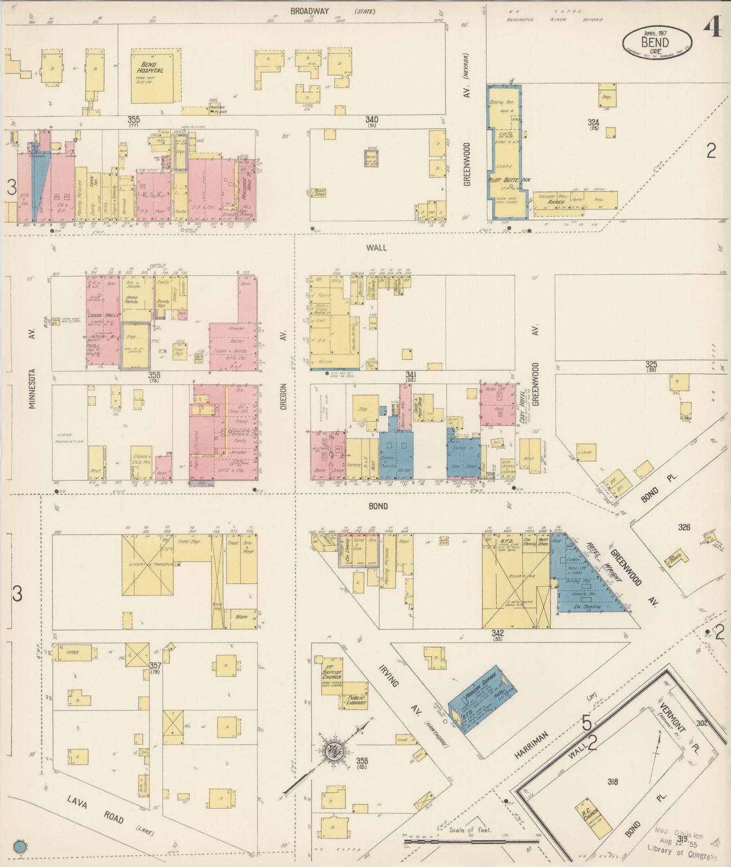 Sanborn Fire Insurance Map from Bend, Deschutes County, Oregon (1917), Sheet #0004 - Historic Sanborn Fire Insurance Map Print, vintage old map wall art, antique decor, genealogy gift, Oregon Oregon map