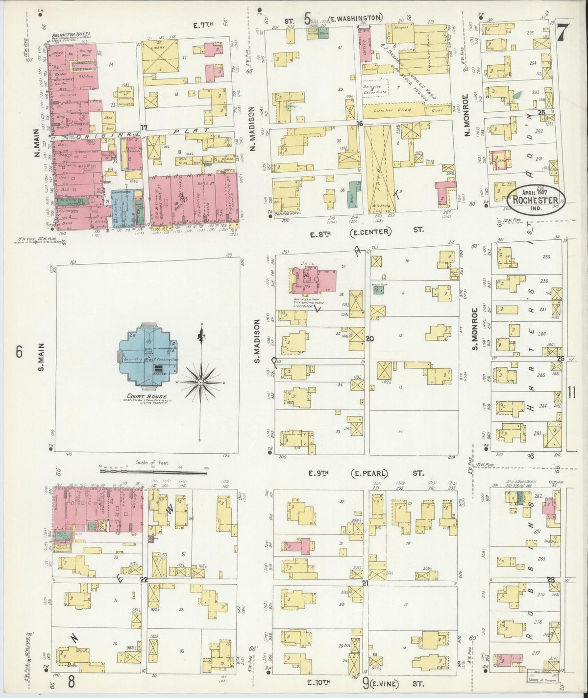 Sanborn Fire Insurance Map from Rochester, Fulton County, Indiana (1907), Sheet #0007 - Historic Sanborn Fire Insurance Map Print, vintage old map wall art, antique decor, genealogy gift, Indiana Indiana map