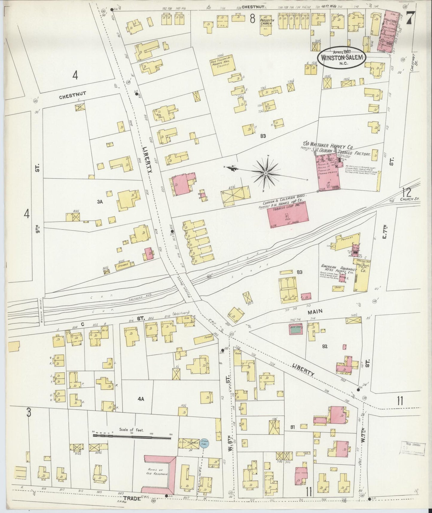 Sanborn Fire Insurance Map from Winston-Salem, Forsyth County, North Carolina (1907), Sheet #0007 - Complete Map Set gallery image, historic Sanborn map, vintage wall art, North Carolina North Carolina