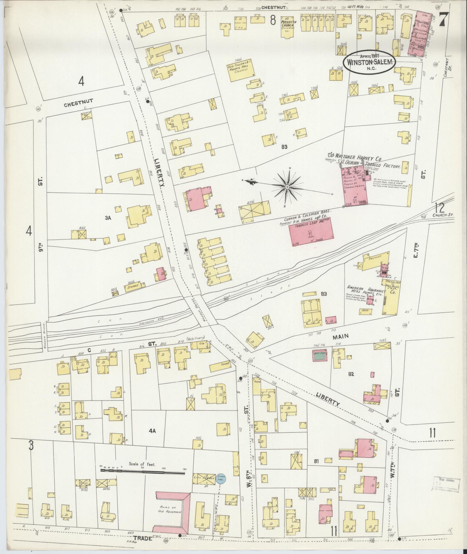 Sanborn Fire Insurance Map from Winston-Salem, Forsyth County, North Carolina (1907), Sheet #0007 - Complete Map Set gallery image, historic Sanborn map, vintage wall art, North Carolina North Carolina