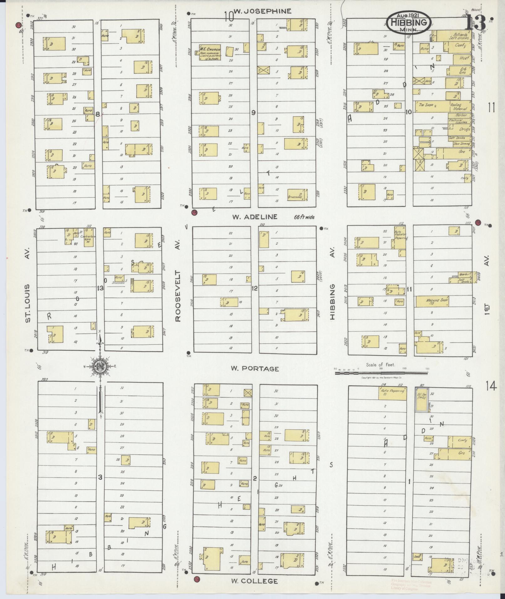 Sanborn Fire Insurance Map from Hibbing, Saint Louis County, Minnesota (1921), Sheet #0013 - Historic Sanborn Fire Insurance Map Print, vintage old map wall art, antique decor, genealogy gift, Minnesota Minnesota map