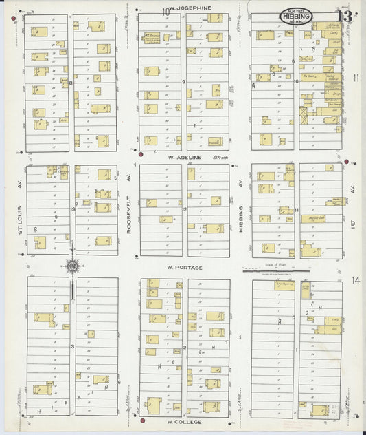 Sanborn Fire Insurance Map from Hibbing, Saint Louis County, Minnesota (1921), Sheet #0013 - Historic Sanborn Fire Insurance Map Print, vintage old map wall art, antique decor, genealogy gift, Minnesota Minnesota map