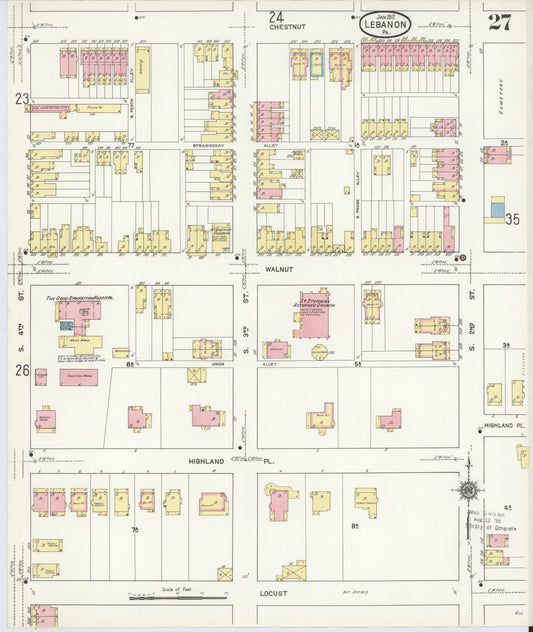 Sanborn Fire Insurance Map from Lebanon, Lebanon County, Pennsylvania (1912), Sheet #0027 - Historic Sanborn Fire Insurance Map Print, vintage old map wall art, antique decor, genealogy gift, Pennsylvania Pennsylvania map
