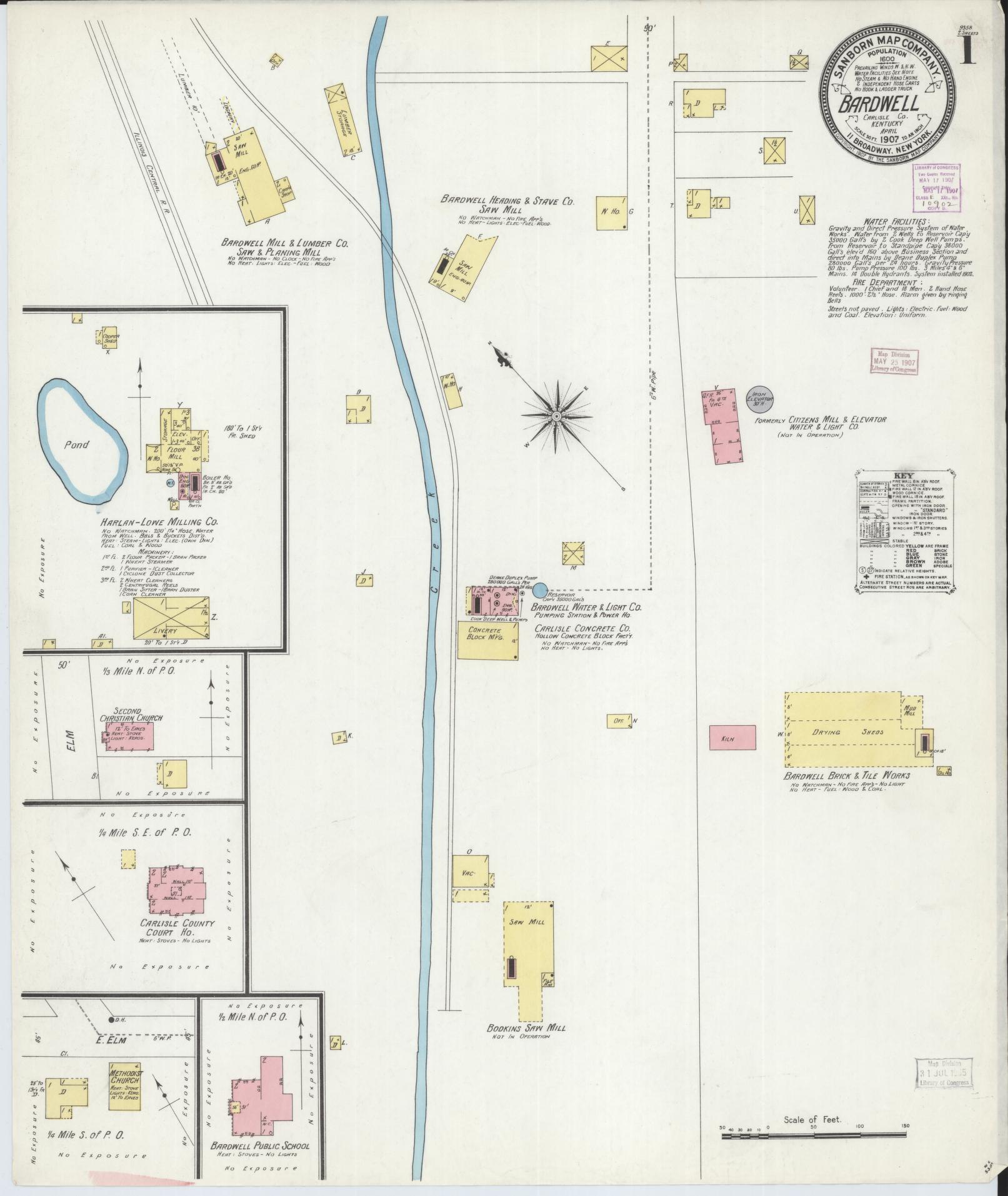 Sanborn Fire Insurance Map from Bardwell, Carlisle County, Kentucky (1907), Sheet #0001 - Historic Sanborn Fire Insurance Map Print, vintage old map wall art, antique decor, genealogy gift, Kentucky Kentucky map