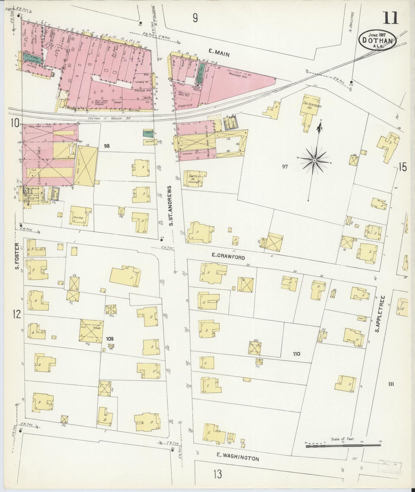 Sanborn Fire Insurance Map from Dothan, Houston County, Alabama (1907), Sheet #0011 - Complete Map Set gallery image, historic Sanborn map, vintage wall art, Alabama Alabama