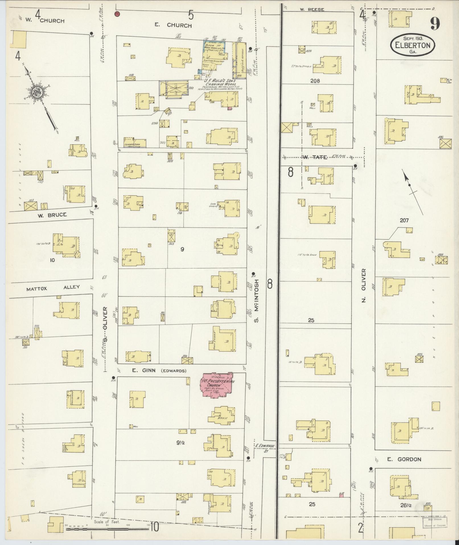 Sanborn Fire Insurance Map from Elberton, Elbert County, Georgia (1913), Sheet #0009 - Historic Sanborn Fire Insurance Map Print, vintage old map wall art, antique decor, genealogy gift, Georgia Georgia map