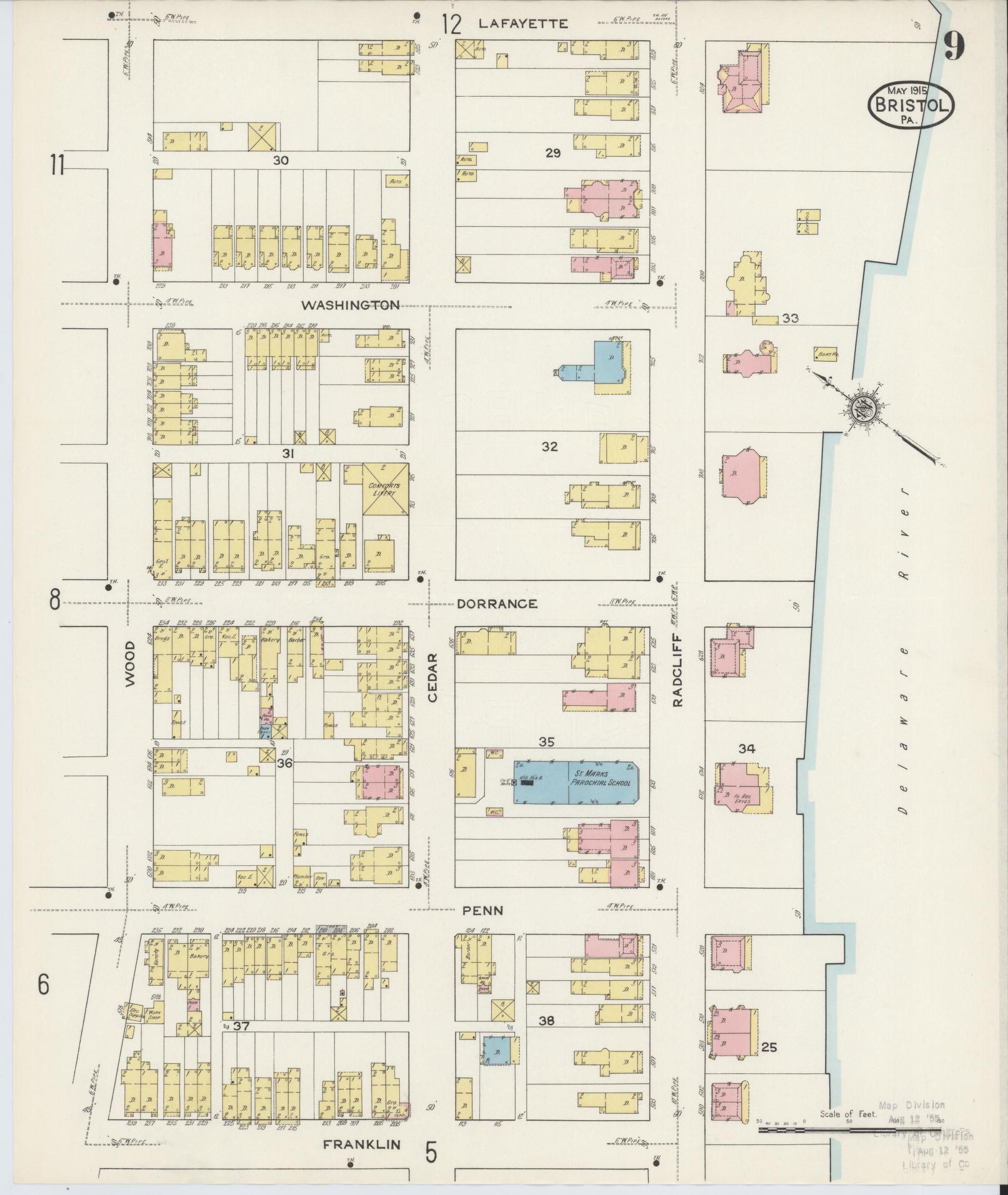 Sanborn Fire Insurance Map from Bristol, Bucks County, Pennsylvania (1915), Sheet #0009 - Historic Sanborn Fire Insurance Map Print, vintage old map wall art, antique decor, genealogy gift, Pennsylvania Pennsylvania map