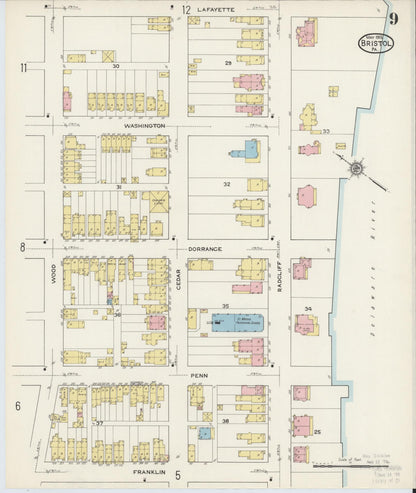 Sanborn Fire Insurance Map from Bristol, Bucks County, Pennsylvania (1915), Sheet #0009 - Historic Sanborn Fire Insurance Map Print, vintage old map wall art, antique decor, genealogy gift, Pennsylvania Pennsylvania map