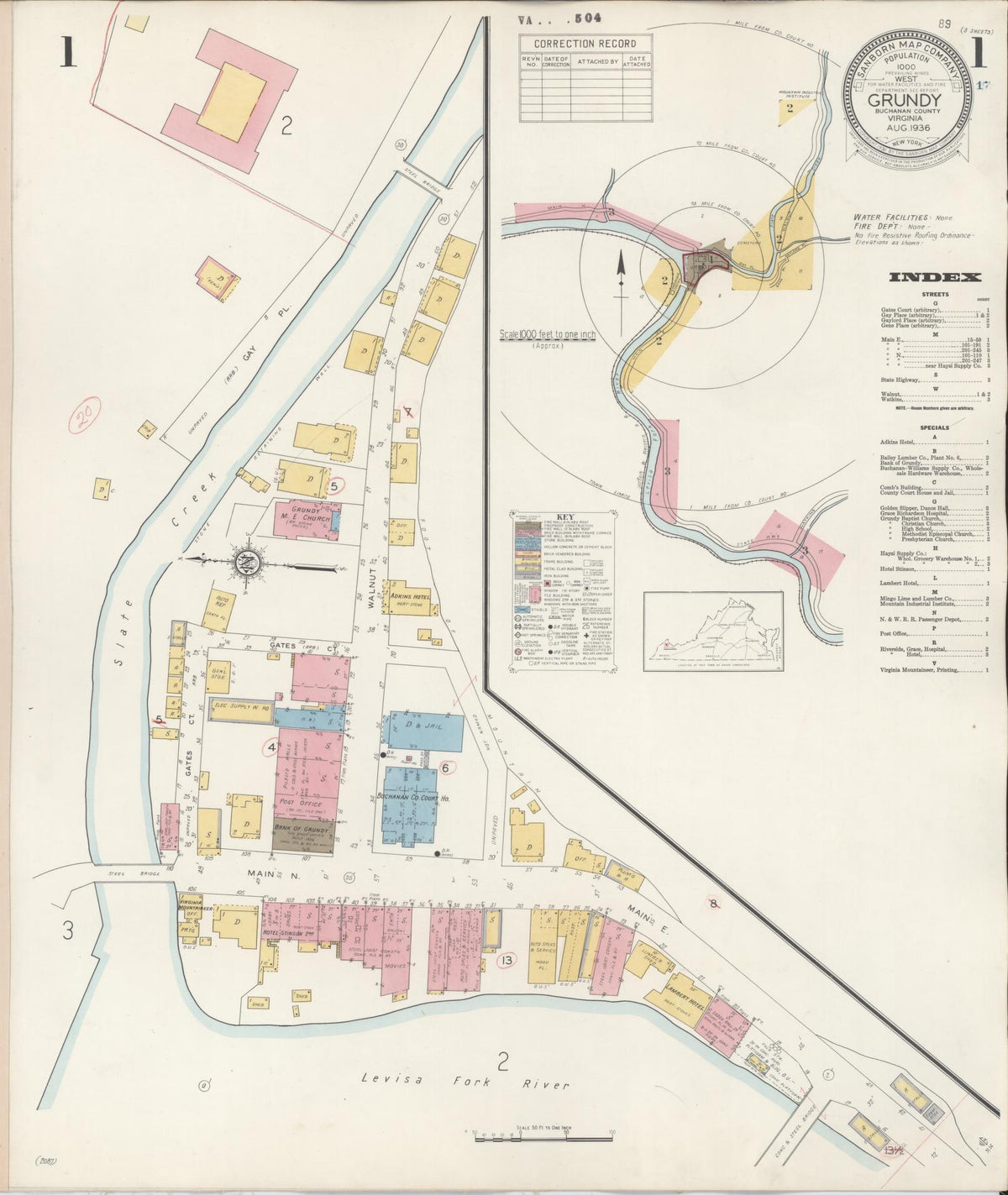 Sanborn Fire Insurance Map from Grundy, Buchanan County, Virginia (1936), Sheet #0001 - Complete Map Set gallery image, historic Sanborn map, vintage wall art, Virginia Virginia