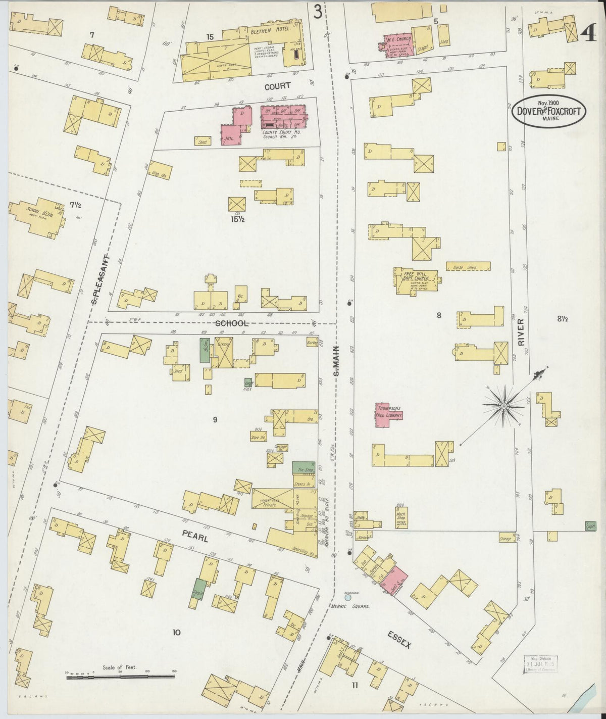 Sanborn Fire Insurance Map from Dover, Piscataguis County, Maine (1900), Sheet #0004 - Historic Sanborn Fire Insurance Map Print, vintage old map wall art, antique decor, genealogy gift, Maine Maine map