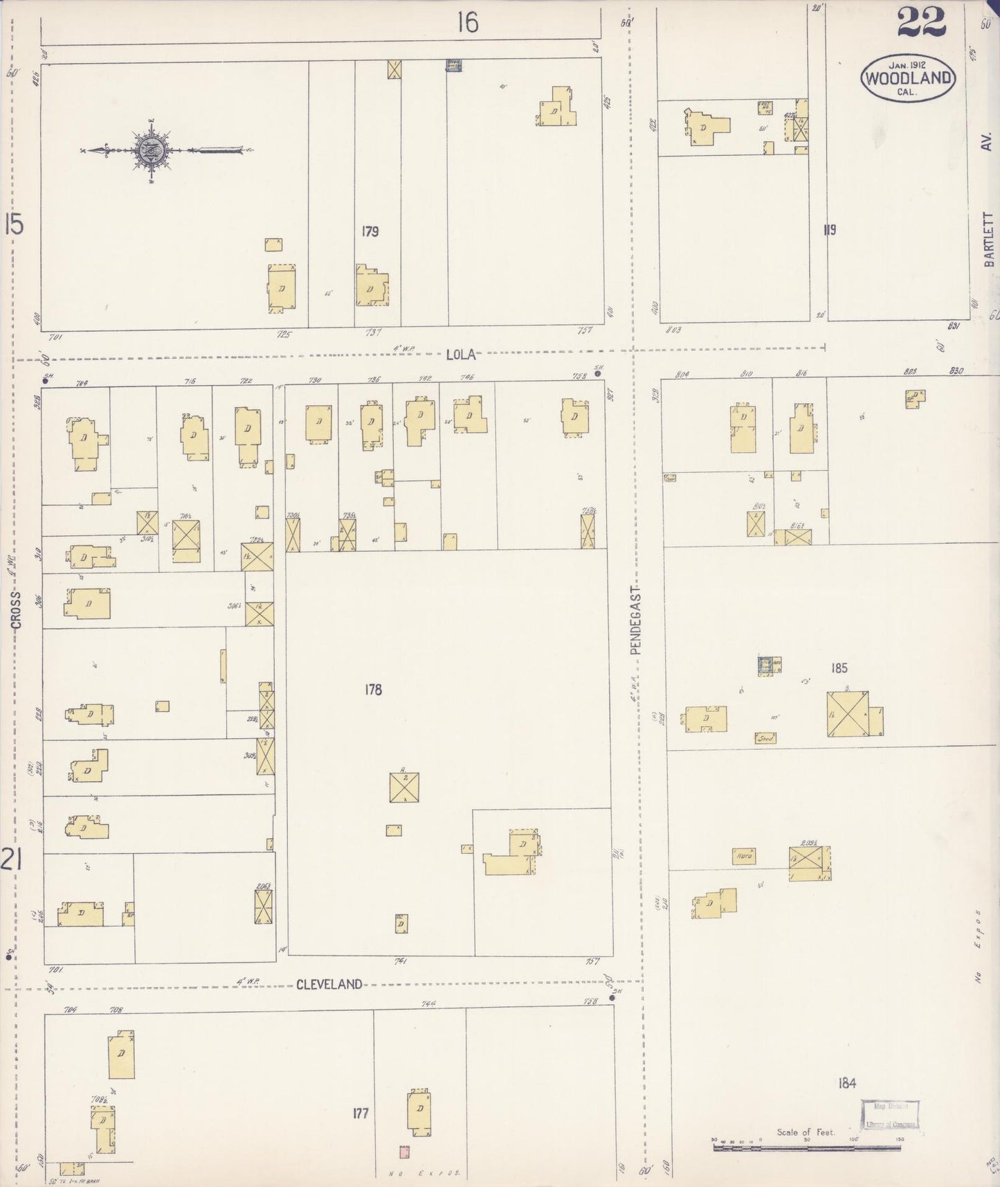 Sanborn Fire Insurance Map from Woodland, Yolo County, California (1912), Sheet #0022 - Complete Map Set gallery image, historic Sanborn map, vintage wall art, California California