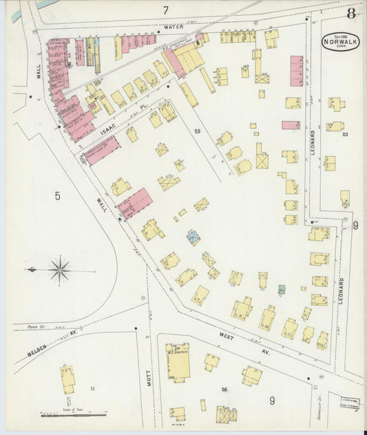 Sanborn Fire Insurance Map from Norwalk, Fairfield County, Connecticut (1896), Sheet #0008 - Historic Sanborn Fire Insurance Map Print, vintage old map wall art, antique decor, genealogy gift, Connecticut Connecticut map