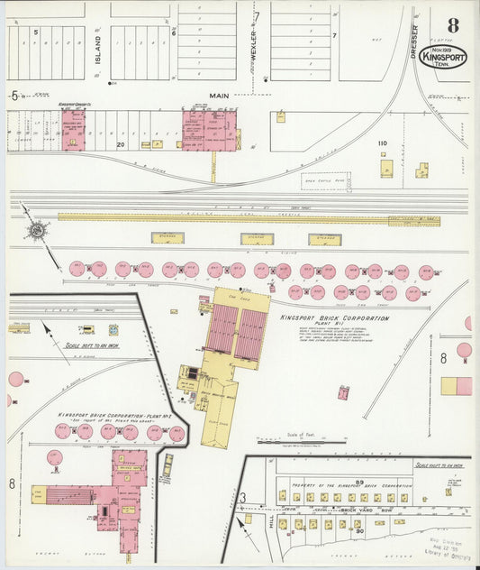 Sanborn Fire Insurance Map from Kingsport, Sullivan County, Tennessee (1919), Sheet #0008 - Historic Sanborn Fire Insurance Map Print, vintage old map wall art, antique decor, genealogy gift, Tennessee Tennessee map
