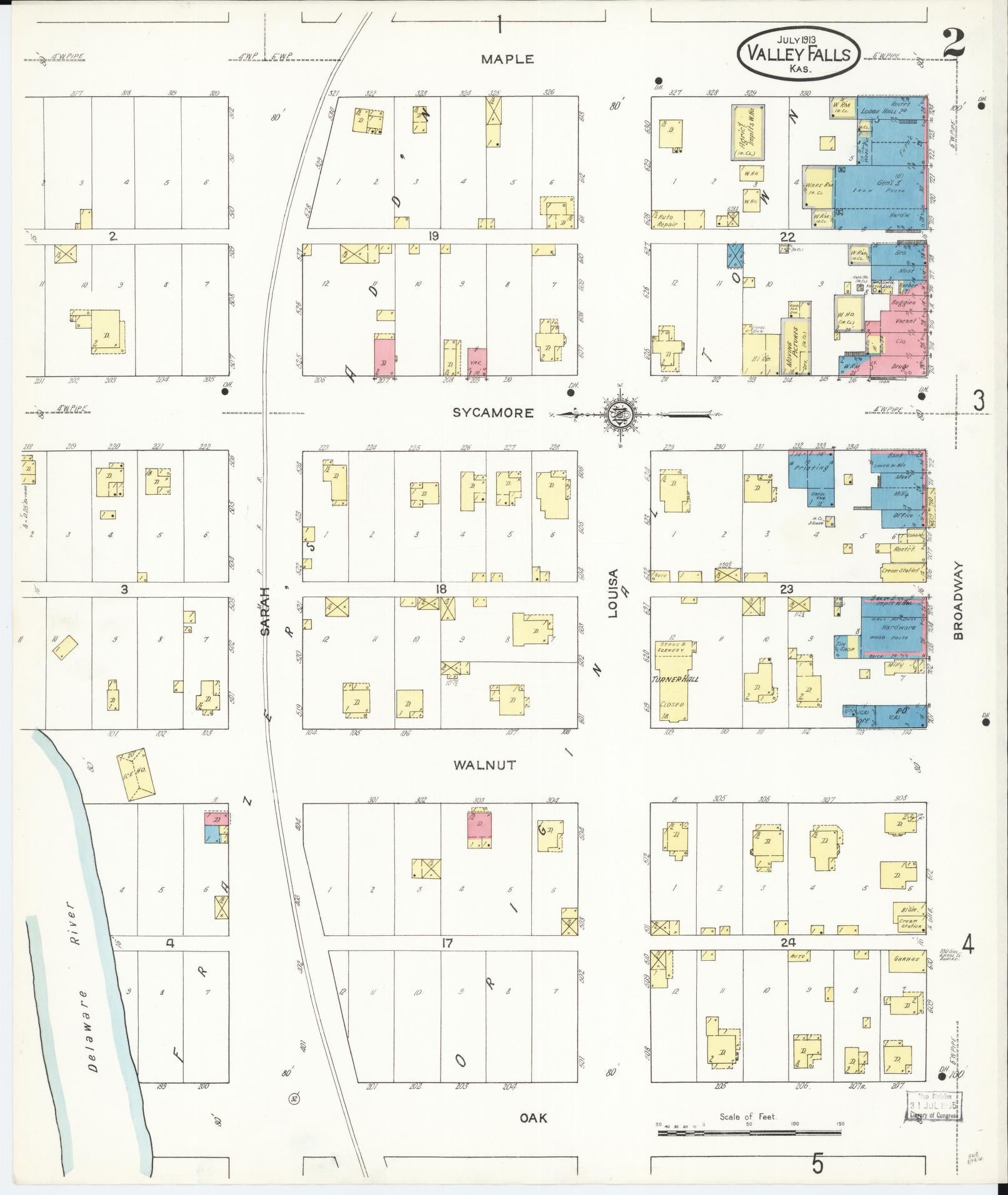 Sanborn Fire Insurance Map from Valley Falls, Jefferson County, Kansas (1913), Sheet #0002 - Historic Sanborn Fire Insurance Map Print, vintage old map wall art, antique decor, genealogy gift, Kansas Kansas map