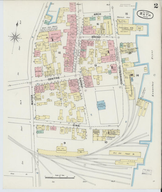Sanborn Fire Insurance Map from Bath, Sagadahoc County, Maine (1890), Sheet #0002 - Historic Sanborn Fire Insurance Map Print, vintage old map wall art, antique decor, genealogy gift, Maine Maine map