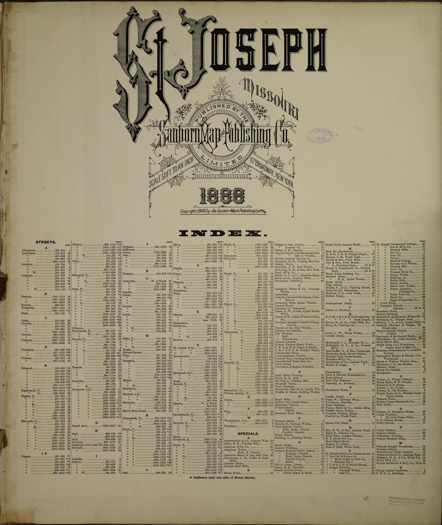 Sanborn Fire Insurance Map from Saint Joseph, Buchanan County, Missouri (1888), Sheet #0001 - Historic Sanborn Fire Insurance Map Print, vintage old map wall art, antique decor, genealogy gift, Missouri Missouri map
