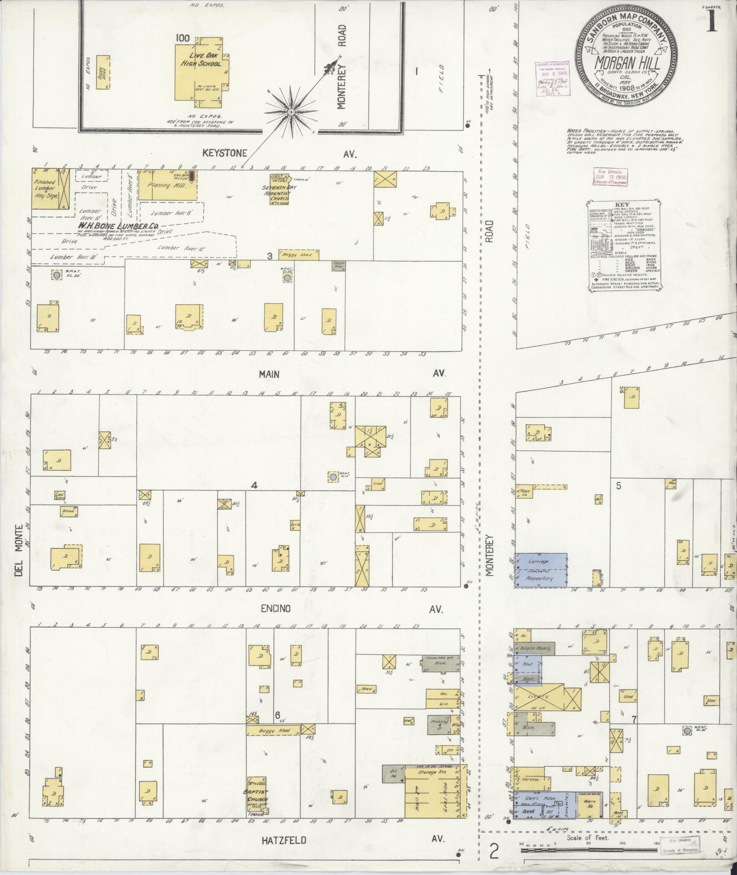 Sanborn Fire Insurance Map from Morgan Hill, Santa Clara County, California (1908), Sheet #0001 - Complete Map Set gallery image, historic Sanborn map, vintage wall art, California California