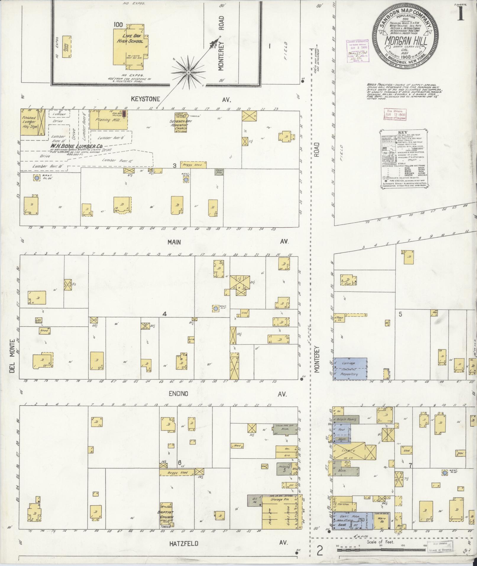 Sanborn Fire Insurance Map from Morgan Hill, Santa Clara County, California (1908), Sheet #0001 - Complete Map Set gallery image, historic Sanborn map, vintage wall art, California California