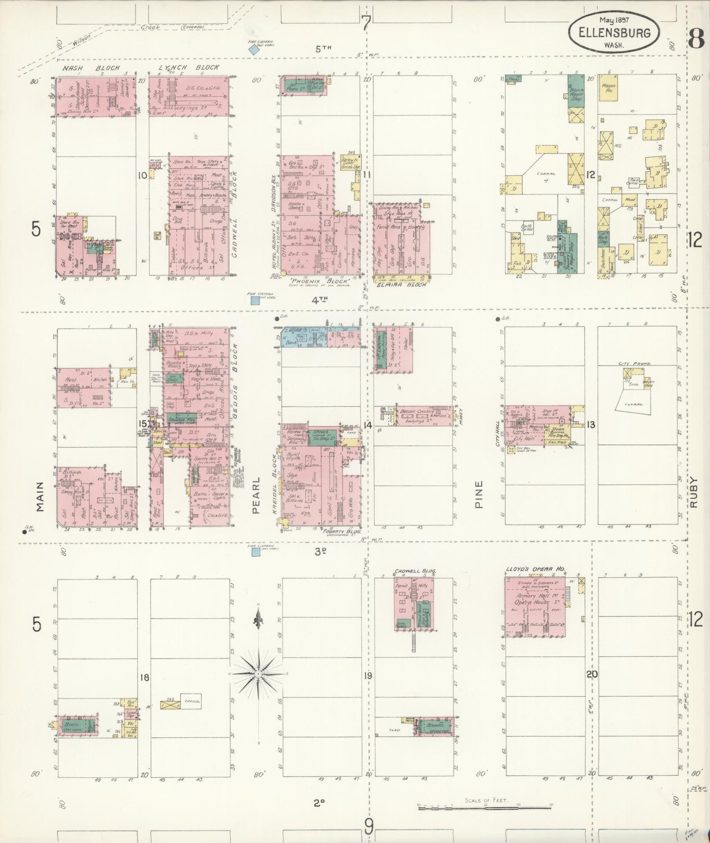 Sanborn Fire Insurance Map from Ellensburg, Kittitas County, Washington (1897), Sheet #0008 - Complete Map Set gallery image, historic Sanborn map, vintage wall art, Washington Washington