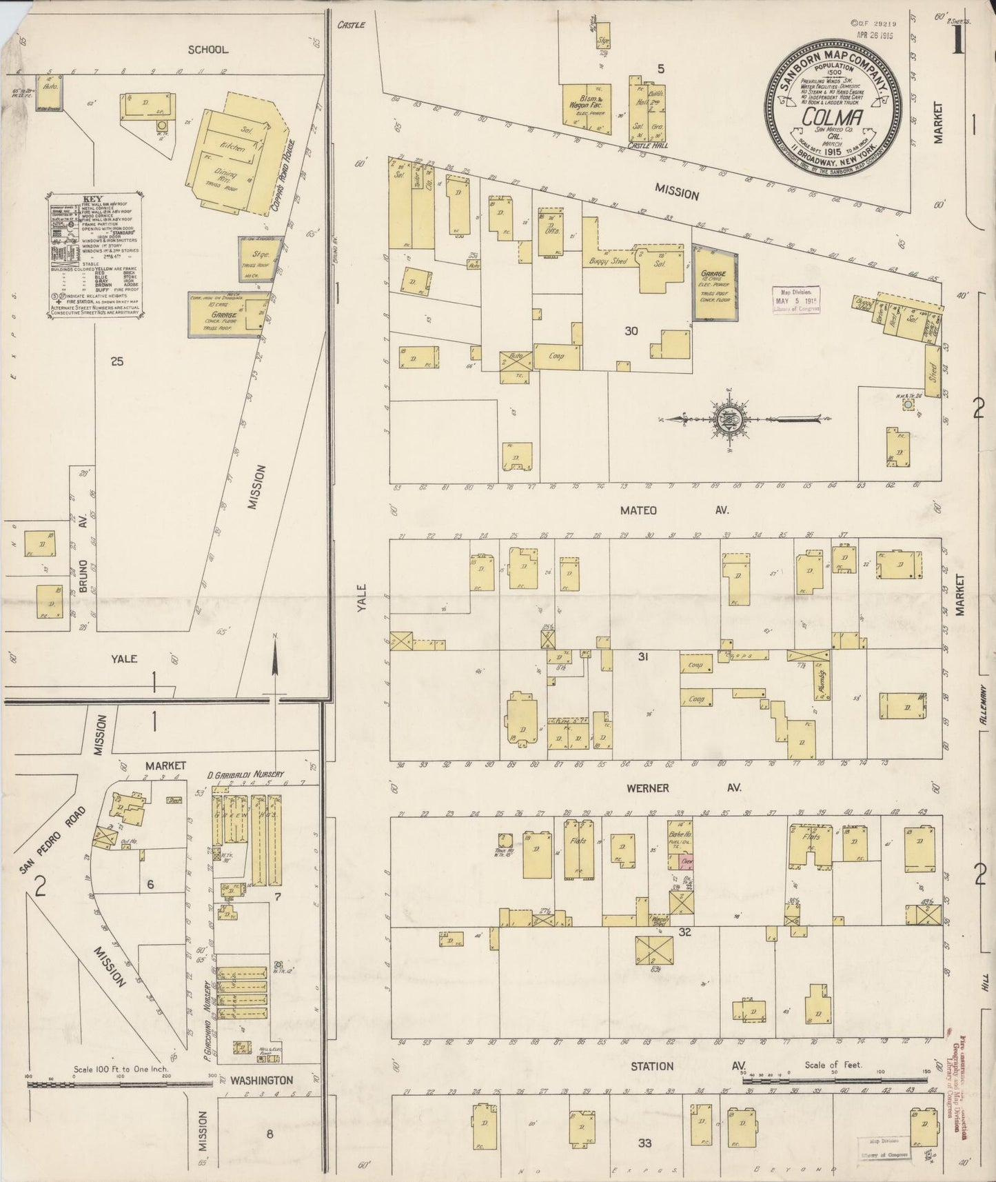 Sanborn Fire Insurance Map from Colma, San Mateo County, California (1915), Sheet #0001 - Complete Map Set gallery image, historic Sanborn map, vintage wall art, California California