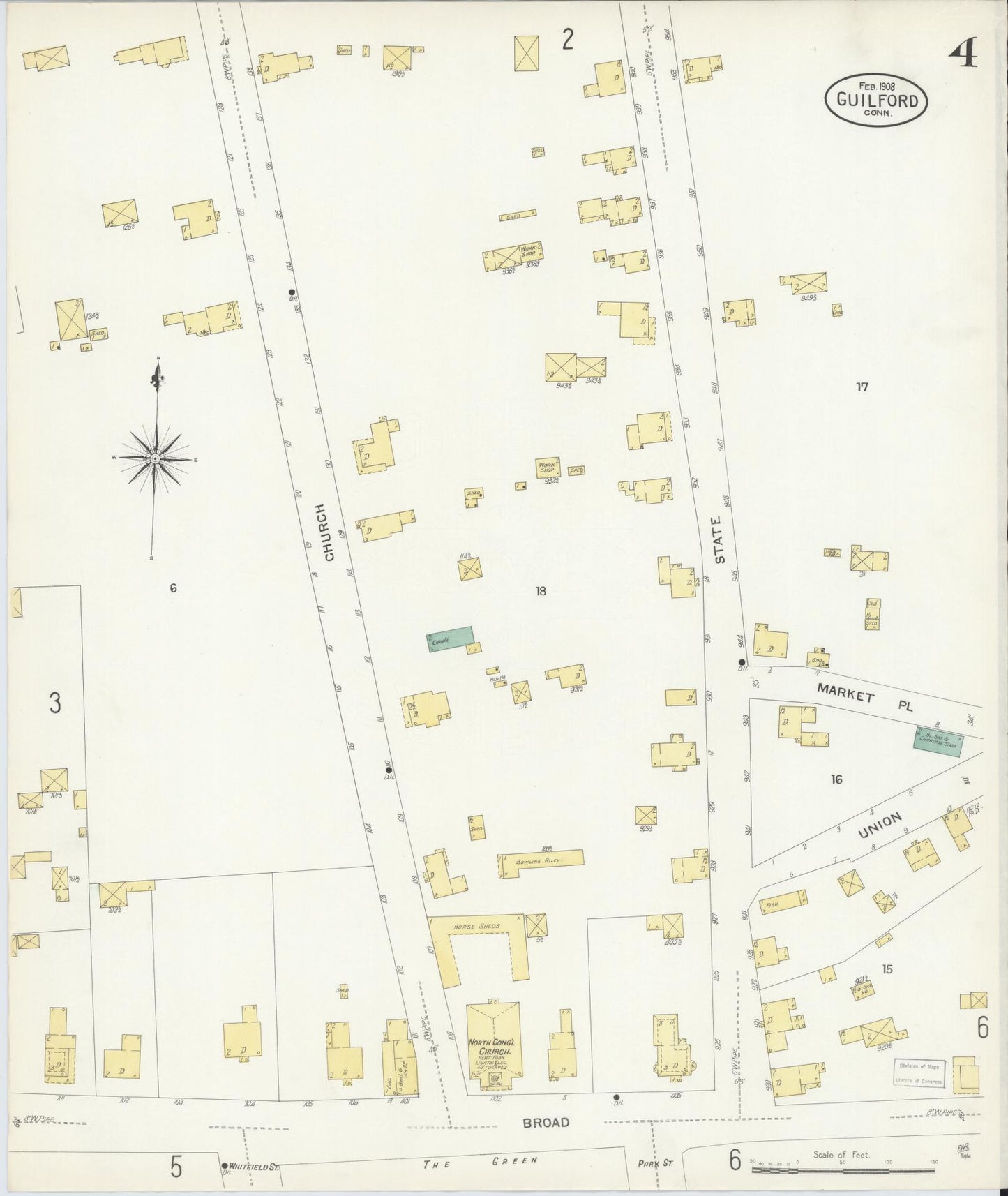 Sanborn Fire Insurance Map from Guilford, New Haven County, Connecticut (1908), Sheet #0004 - Complete Map Set gallery image, historic Sanborn map, vintage wall art, Connecticut Connecticut