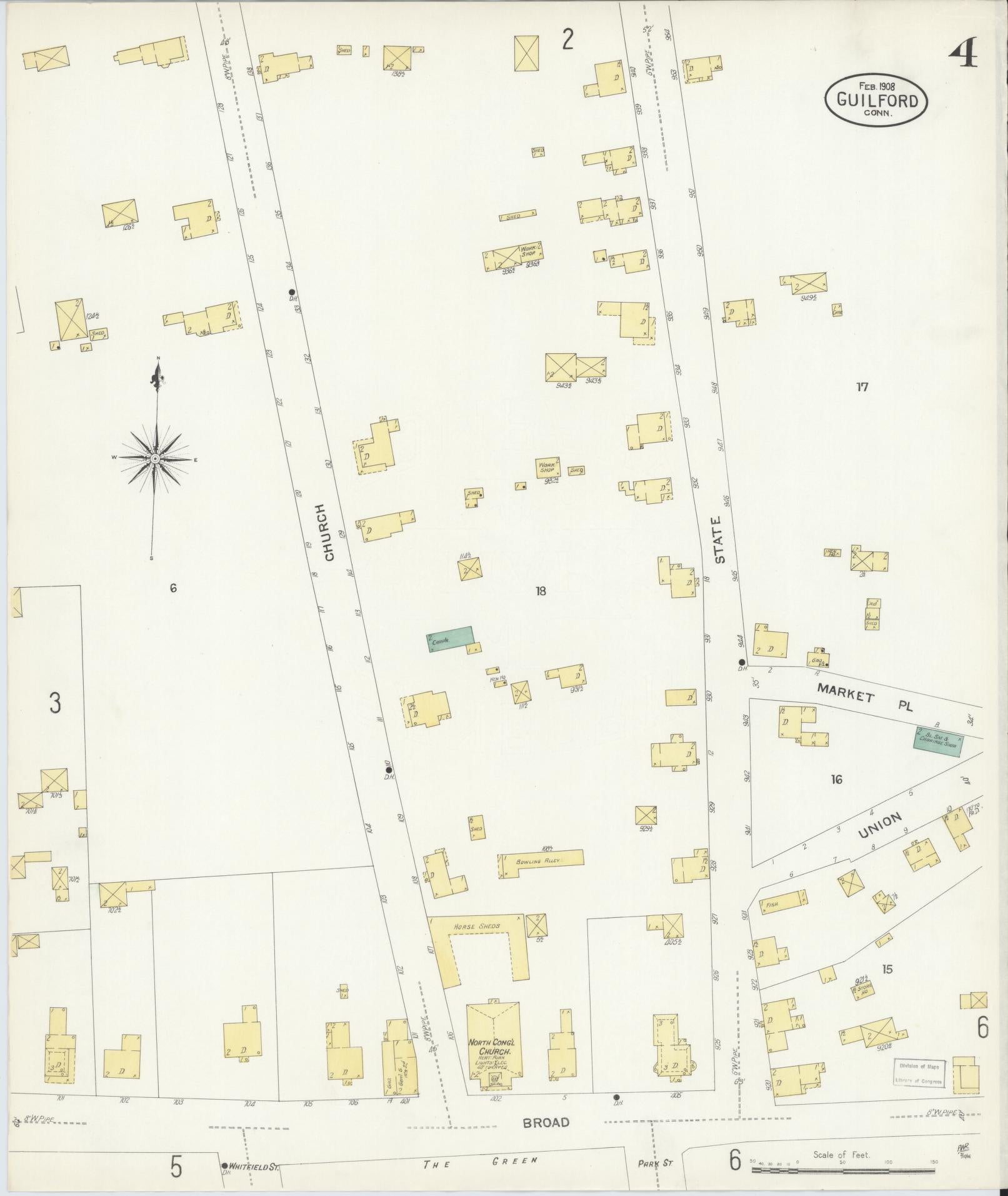 Sanborn Fire Insurance Map from Guilford, New Haven County, Connecticut (1908), Sheet #0004 - Complete Map Set gallery image, historic Sanborn map, vintage wall art, Connecticut Connecticut
