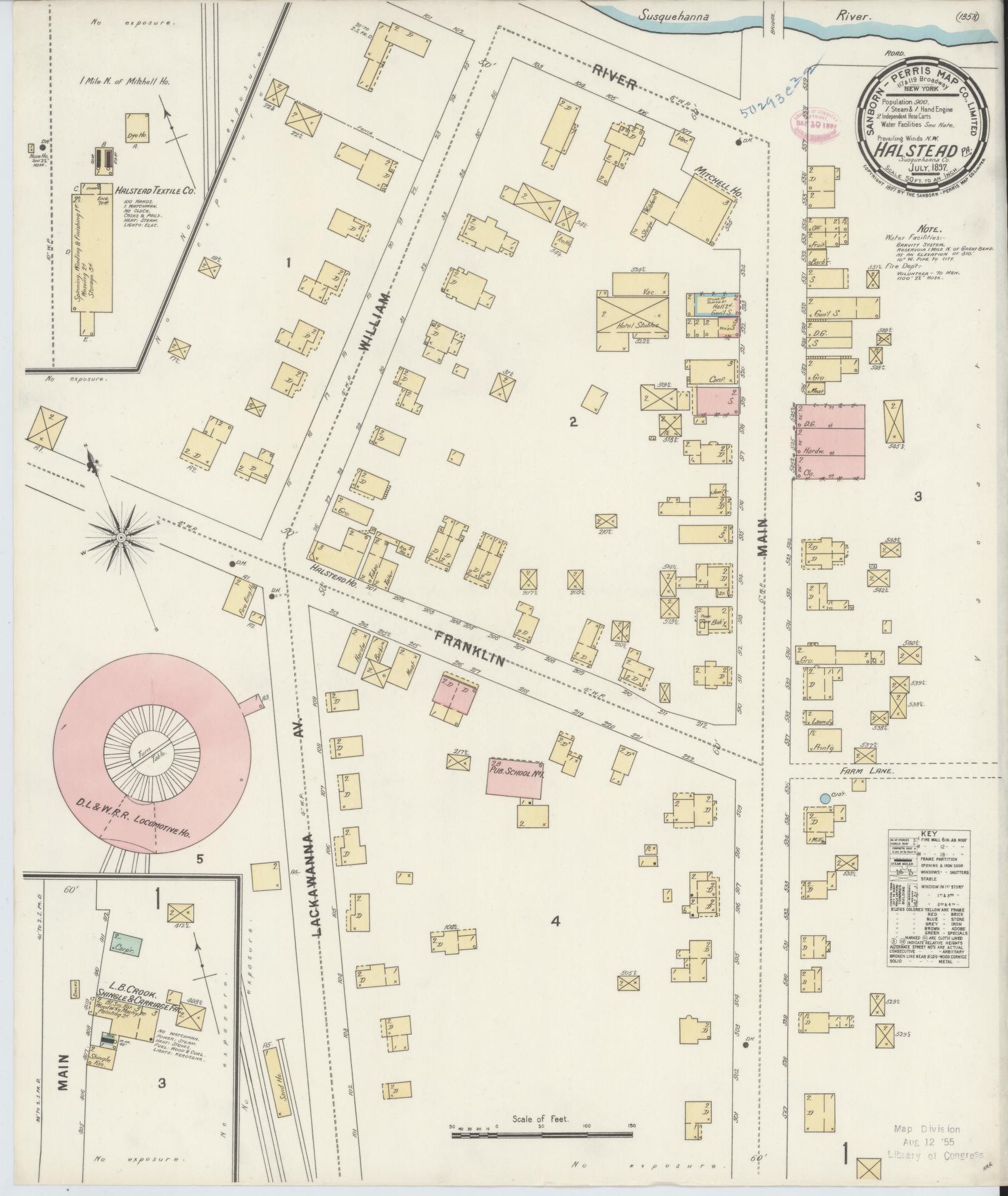 Sanborn Fire Insurance Map from Hallstead, Susquehanna County, Pennsylvania (1897), Sheet #0001 - Historic Sanborn Fire Insurance Map Print, vintage old map wall art, antique decor, genealogy gift, Pennsylvania Pennsylvania map