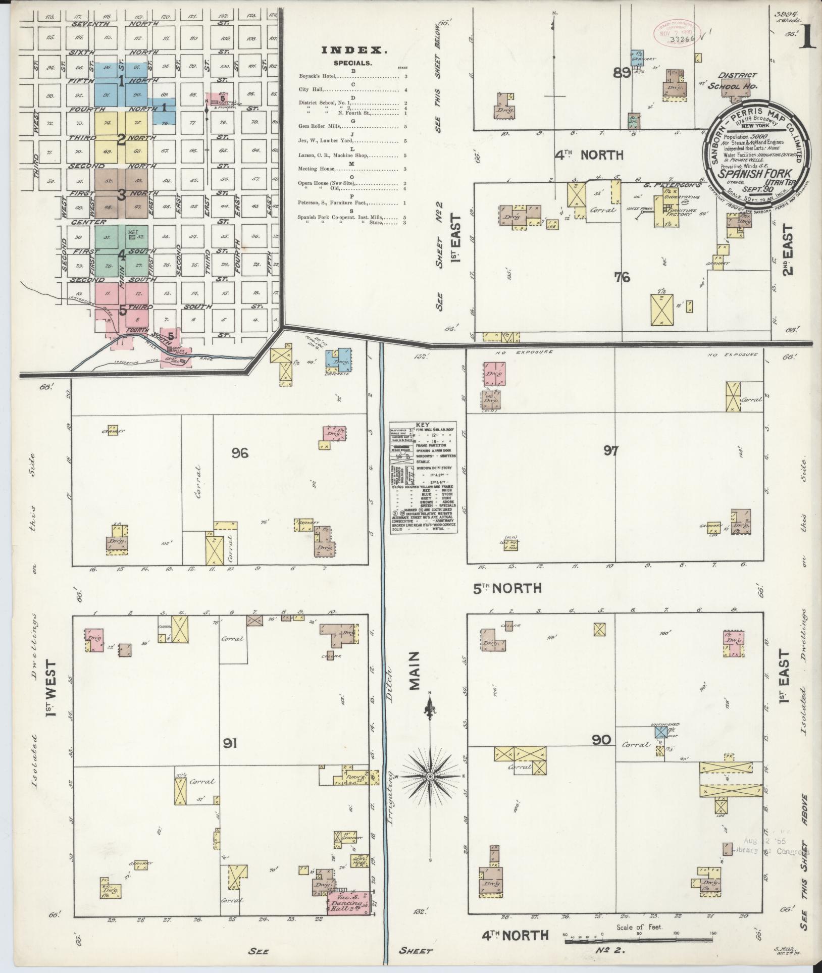 Sanborn Fire Insurance Map from Spanish Fork, Utah County, Utah (1890), Sheet #0001 - Historic Sanborn Fire Insurance Map Print, vintage old map wall art, antique decor, genealogy gift, Spanish Fork Utah map