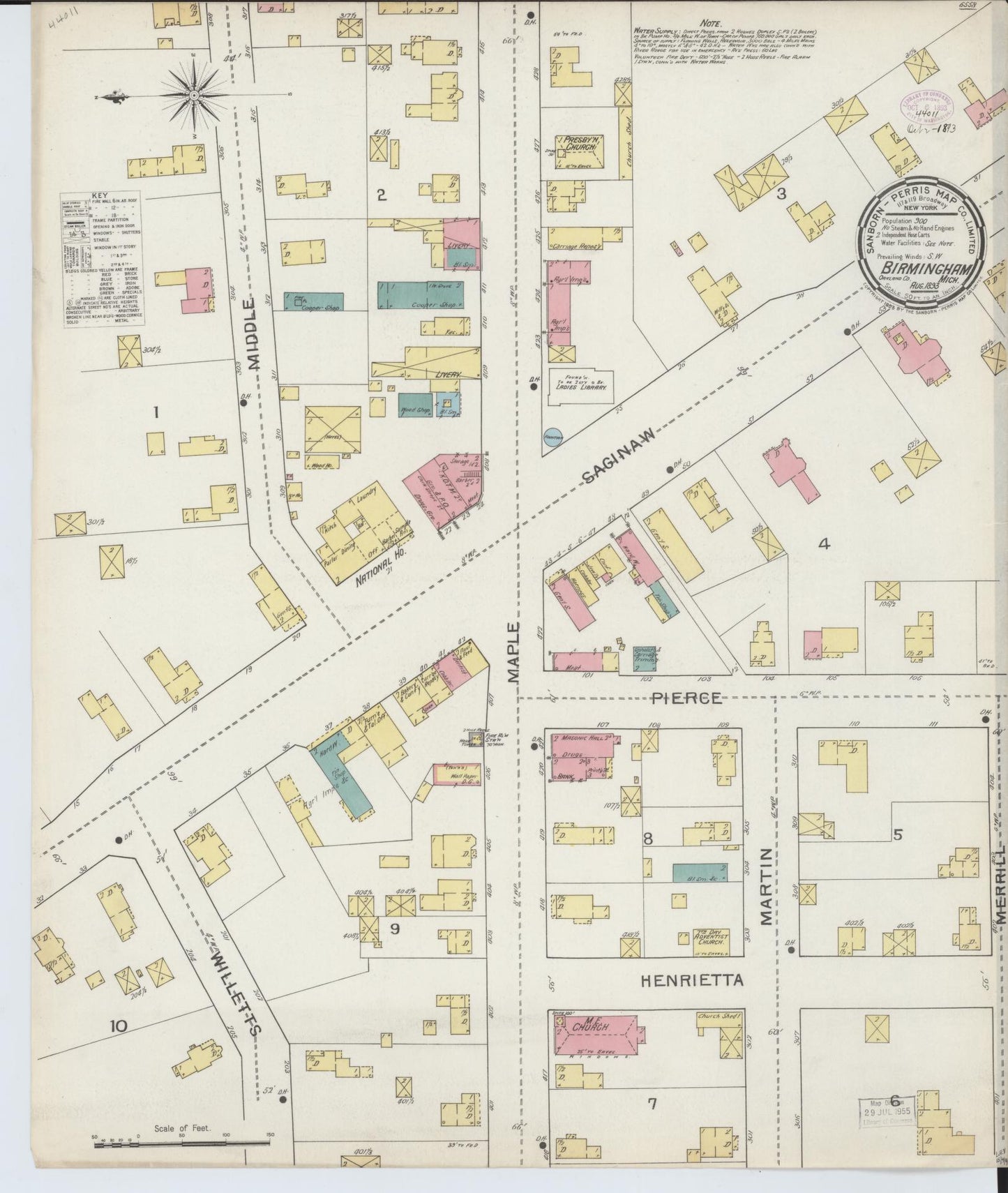 Sanborn Fire Insurance Map from Birmingham, Oakland County, Michigan (1893), Sheet #0001 - Historic Sanborn Fire Insurance Map Print, vintage old map wall art, antique decor, genealogy gift, Michigan Michigan map