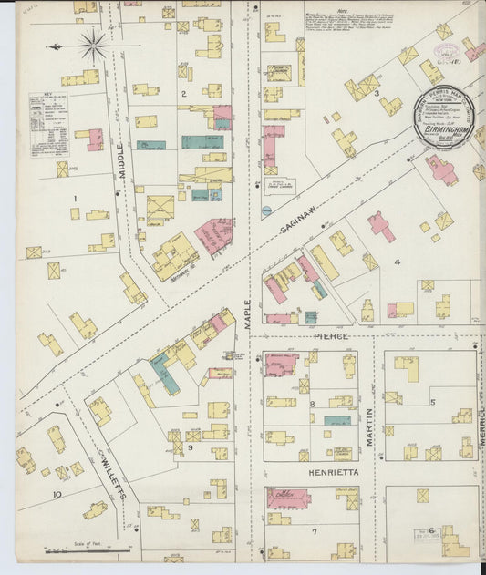 Sanborn Fire Insurance Map from Birmingham, Oakland County, Michigan (1893), Sheet #0001 - Historic Sanborn Fire Insurance Map Print, vintage old map wall art, antique decor, genealogy gift, Michigan Michigan map