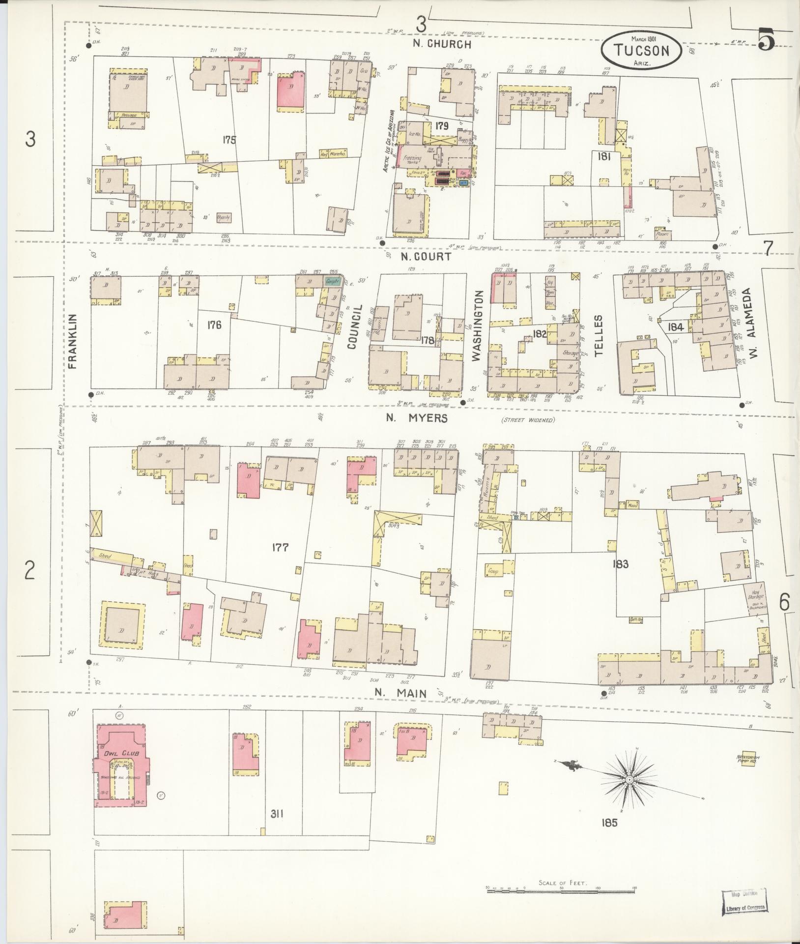 Sanborn Fire Insurance Map from Tucson, Pima County, Arizona (1901), Sheet #0005 - Historic Sanborn Fire Insurance Map Print, vintage old map wall art, antique decor, genealogy gift, Arizona Arizona map