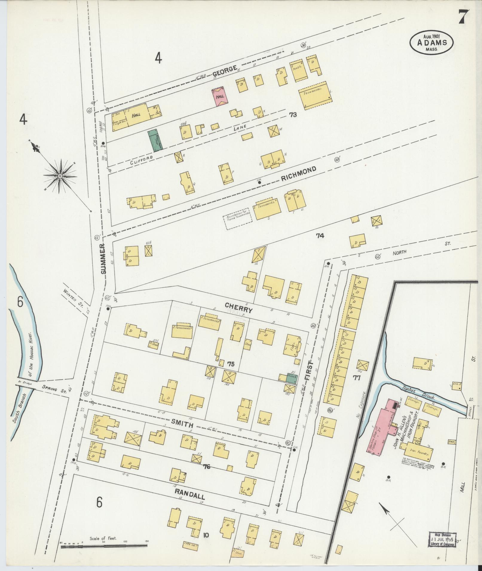 Sanborn Fire Insurance Map from Adams, Berkshire County, Massachusetts (1901), Sheet #0007 - Historic Sanborn Fire Insurance Map Print, vintage old map wall art, antique decor, genealogy gift, Massachusetts Massachusetts map