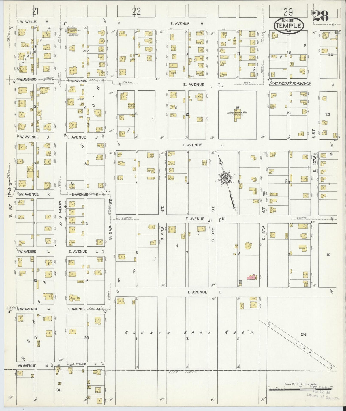Sanborn Fire Insurance Map from Temple, Bell County, Texas (1915), Sheet #0028 - Complete Map Set gallery image, historic Sanborn map, vintage wall art, Texas Texas