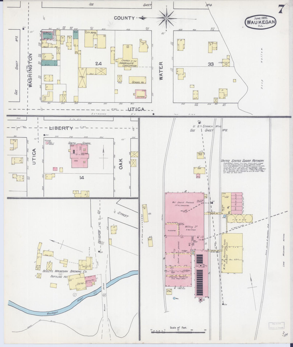 Sanborn Fire Insurance Map from Waukegan, Lake County, Illinois (1892), Sheet #0007 - Complete Map Set gallery image, historic Sanborn map, vintage wall art, Illinois Illinois