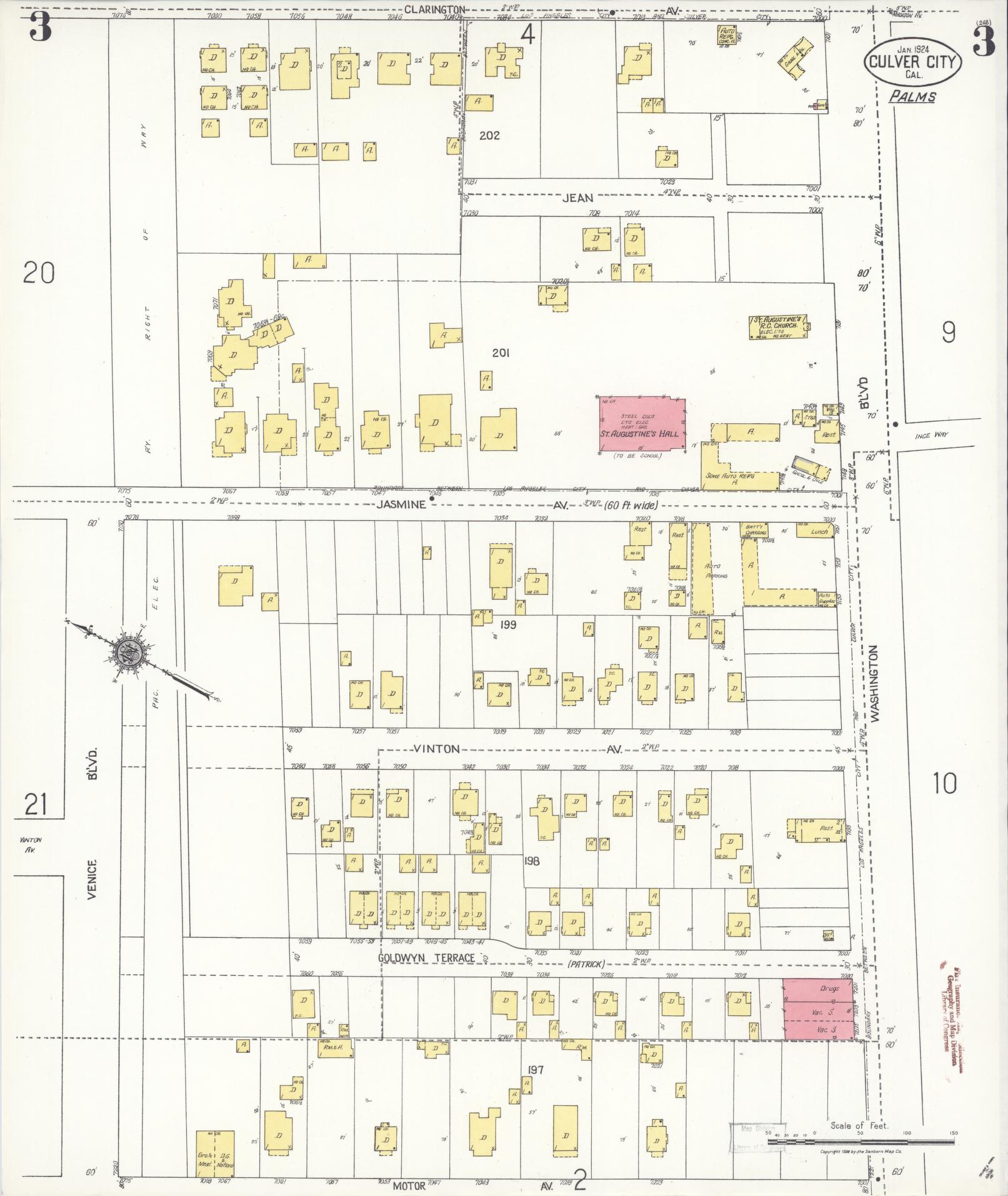 Sanborn Fire Insurance Map from Culver City, Los Angeles County, California (1924), Sheet #0003 - Historic Sanborn Fire Insurance Map Print, vintage old map wall art, antique decor, genealogy gift, California California map