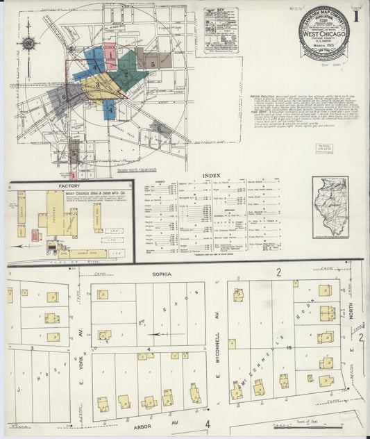 Sanborn Fire Insurance Map from West Chicago, Du Page County, Illinois (1923), Sheet #0001 - Complete Map Set gallery image, historic Sanborn map, vintage wall art, Illinois Illinois