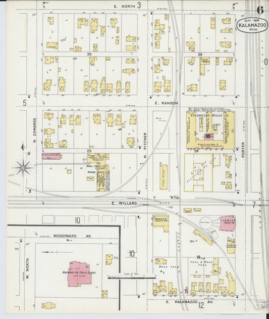 Sanborn Fire Insurance Map from Kalamazoo, Kalamazoo County, Michigan (1896), Sheet #0006 - Historic Sanborn Fire Insurance Map Print, vintage old map wall art, antique decor, genealogy gift, Michigan Michigan map