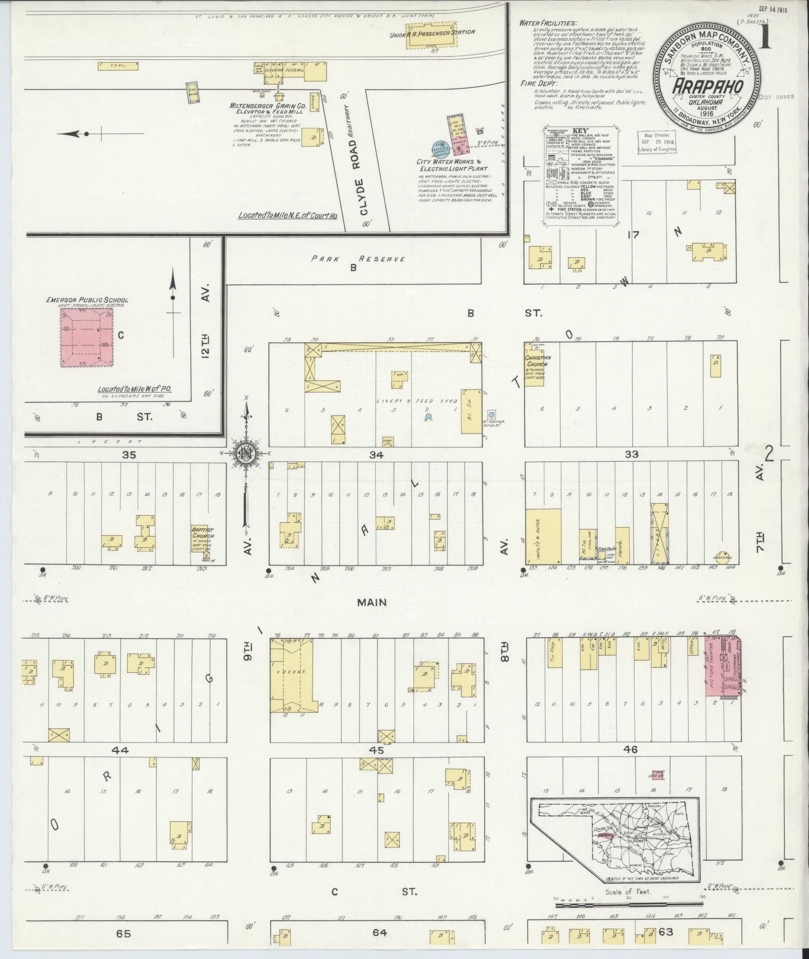 Sanborn Fire Insurance Map from Arapaho, Custer County, Oklahoma (1916), Sheet #0001 - Complete Map Set gallery image, historic Sanborn map, vintage wall art, Oklahoma Oklahoma