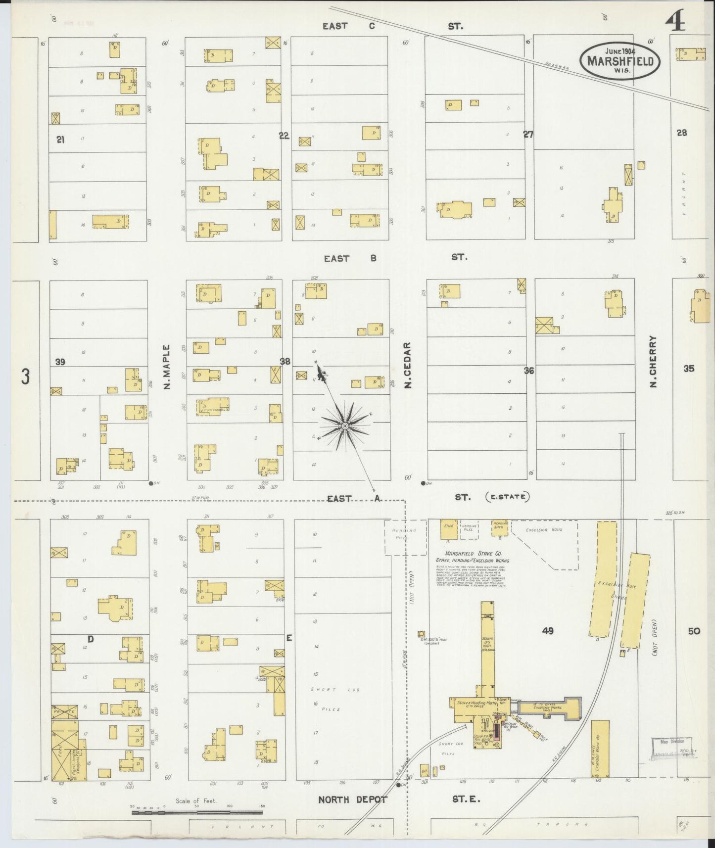 Sanborn Fire Insurance Map from Marshfield, Wood County, Wisconsin (1904), Sheet #0004 - Historic Sanborn Fire Insurance Map Print, vintage old map wall art, antique decor, genealogy gift, Wisconsin Wisconsin map
