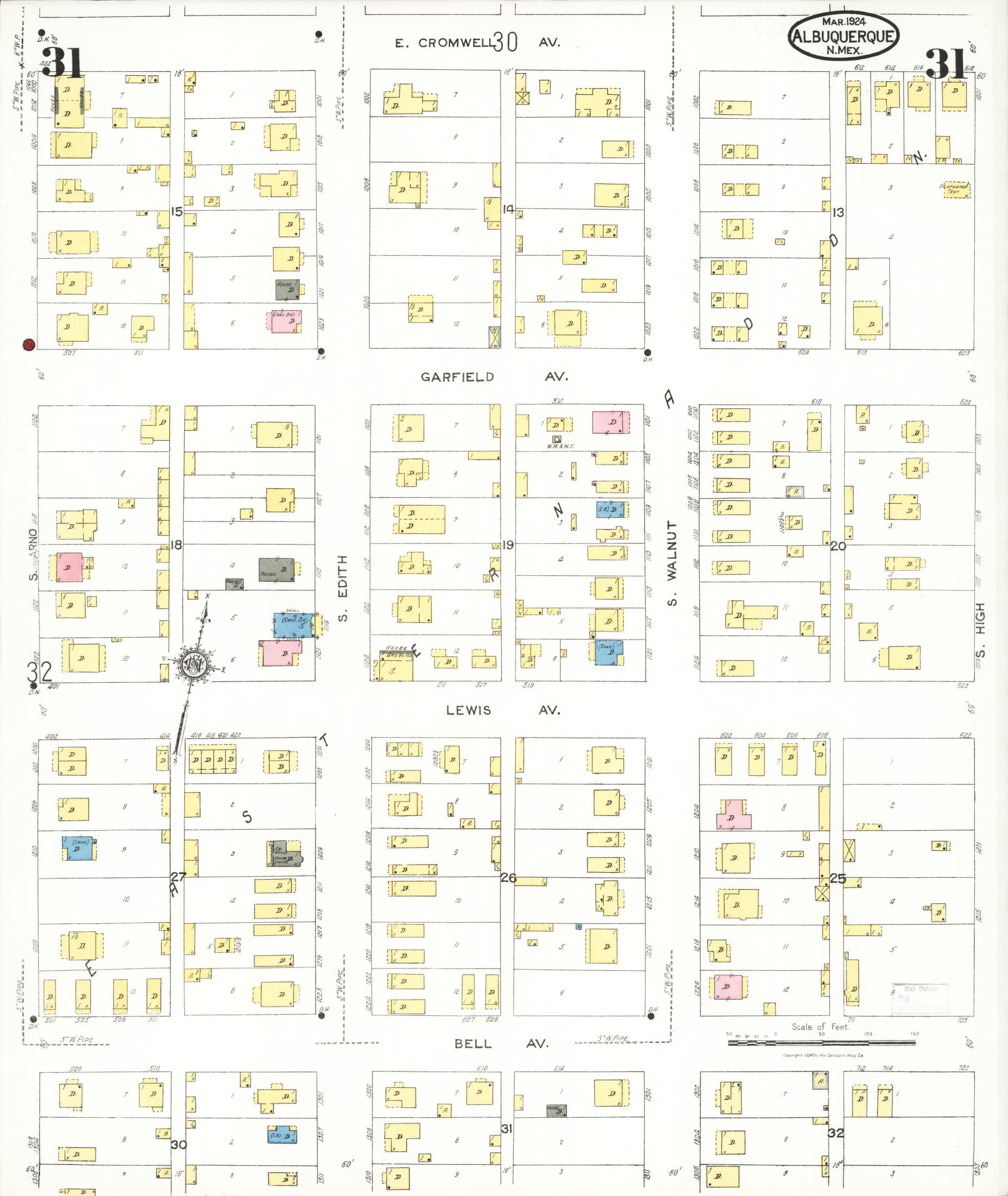 Sanborn Fire Insurance Map from Albuquerque, Bernalillo County, New Mexico (1924), Sheet #0031 - Historic Sanborn Fire Insurance Map Print, vintage old map wall art, antique decor, genealogy gift, New Mexico New Mexico map