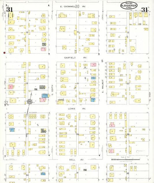 Sanborn Fire Insurance Map from Albuquerque, Bernalillo County, New Mexico (1924), Sheet #0031 - Historic Sanborn Fire Insurance Map Print, vintage old map wall art, antique decor, genealogy gift, New Mexico New Mexico map