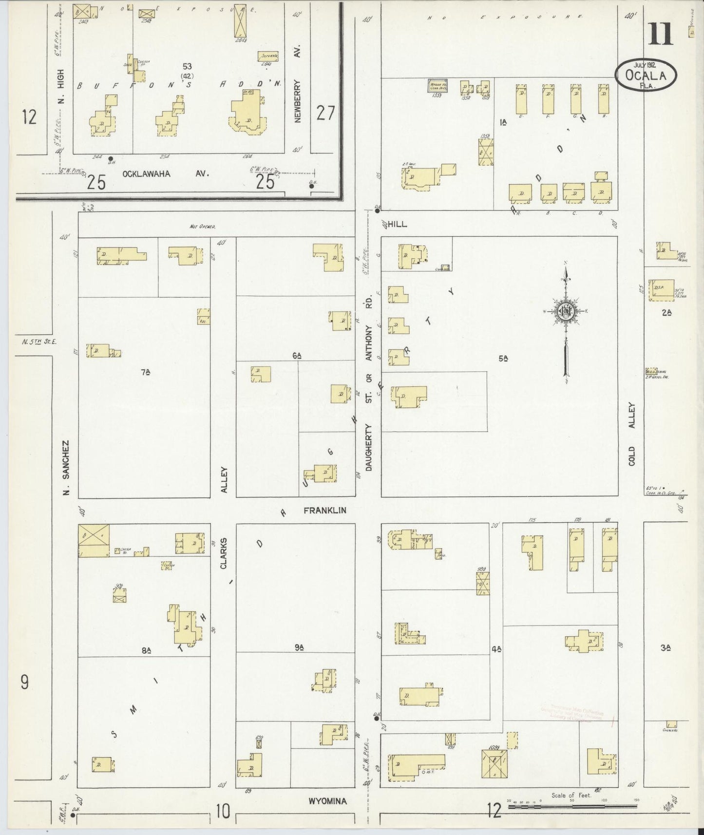 Sanborn Fire Insurance Map from Ocala, Marion County, Florida (1912), Sheet #0011 - Historic Sanborn Fire Insurance Map Print, vintage old map wall art, antique decor, genealogy gift, Florida Florida map