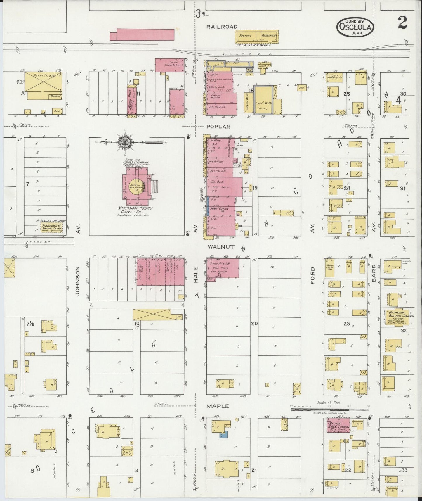 Sanborn Fire Insurance Map from Osceola, Mississippi County, Arkansas (1919), Sheet #0002 - Historic Sanborn Fire Insurance Map Print, vintage old map wall art, antique decor, genealogy gift, Osceola Mississippi map