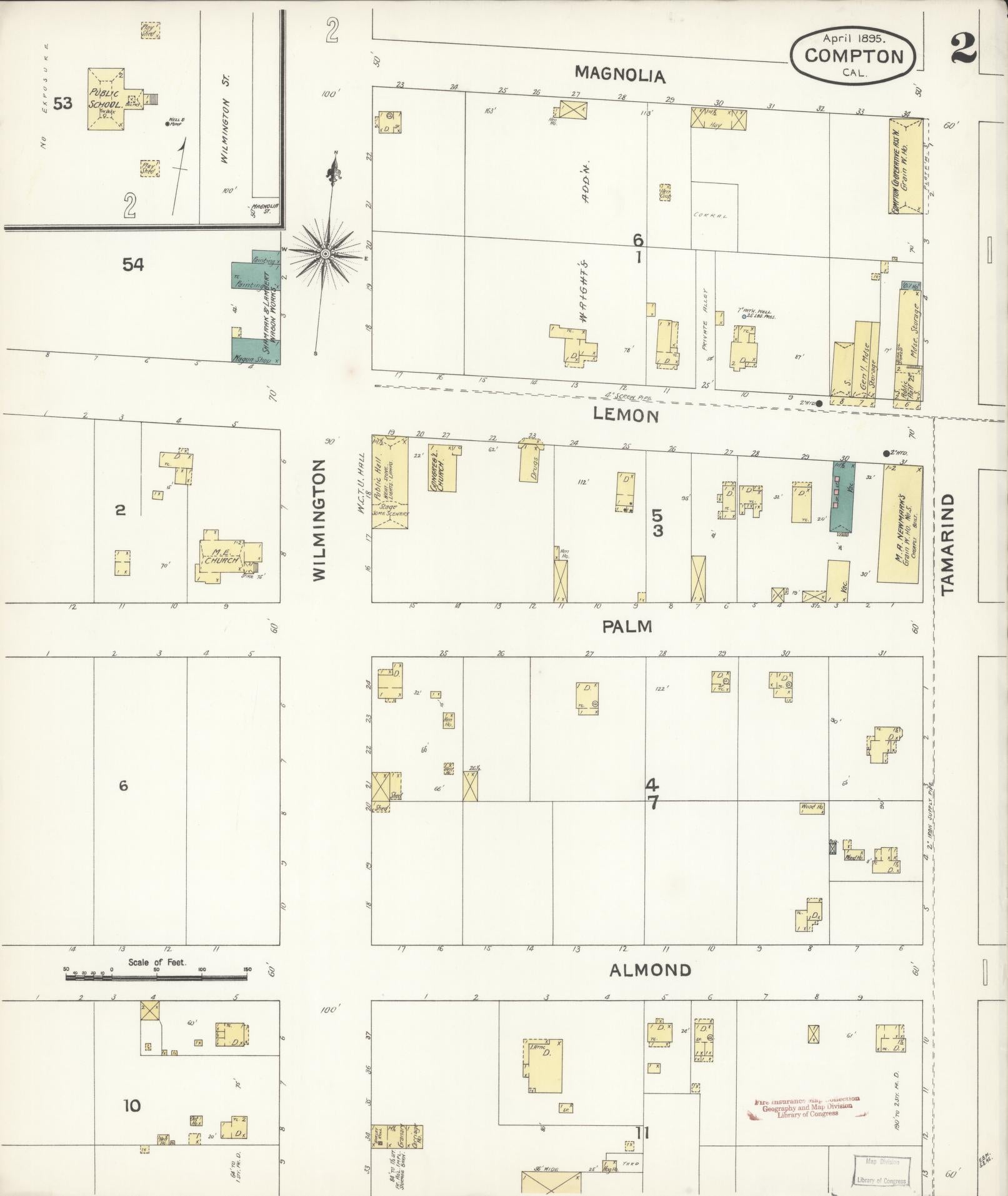Sanborn Fire Insurance Map from Compton, Los Angeles County, California (1895), Sheet #0002 - Complete Map Set gallery image, historic Sanborn map, vintage wall art, California California