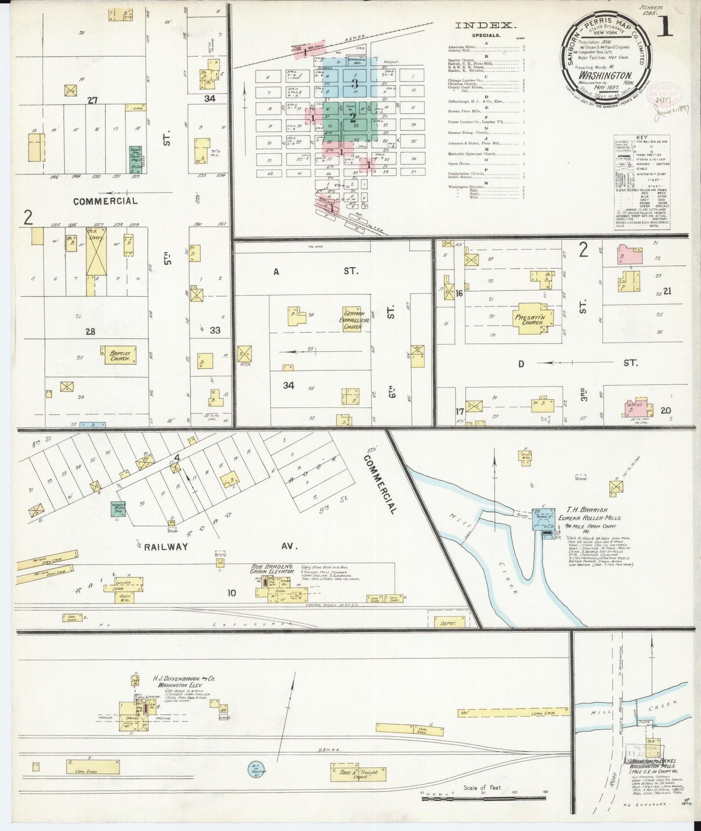 Sanborn Fire Insurance Map from Washington, Washington County, Kansas (1897), Sheet #0001 - Historic Sanborn Fire Insurance Map Print, vintage old map wall art, antique decor, genealogy gift, Kansas Kansas map